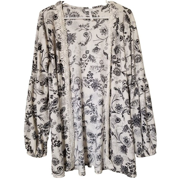 Maurices Womens Open Cardigan Cream Black Floral Large Lace Long Sleeve - Picture 1 of 3